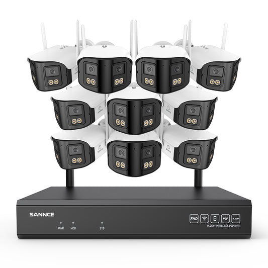 4MP 16-Kanal WLAN Überwachungssystem mit 8MP NVR, 10 Dual-Objektiv Kameras, 170° Weitwinkel, Farb-Nachtsicht, KI-Erkennung, Kompatibel mit Alexa