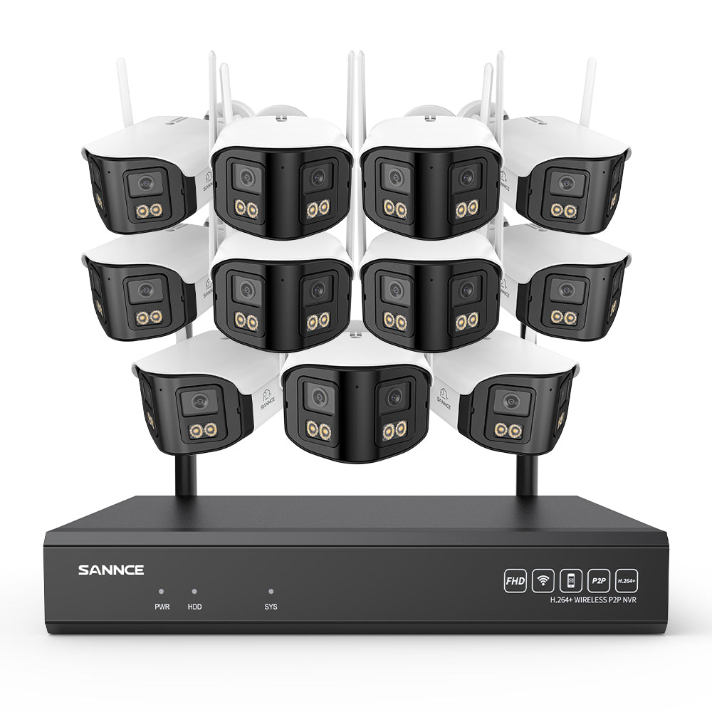 4MP 16-Kanal WLAN Überwachungssystem mit 8MP NVR, 11 Dual-Objektiv Kameras, 170° Weitwinkel, Farb-Nachtsicht, KI-Erkennung, Kompatibel mit Alexa