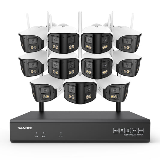 4MP 16-Kanal WLAN Überwachungssystem mit 8MP NVR, 11 Dual-Objektiv Kameras, 170° Weitwinkel, Farb-Nachtsicht, KI-Erkennung, Kompatibel mit Alexa