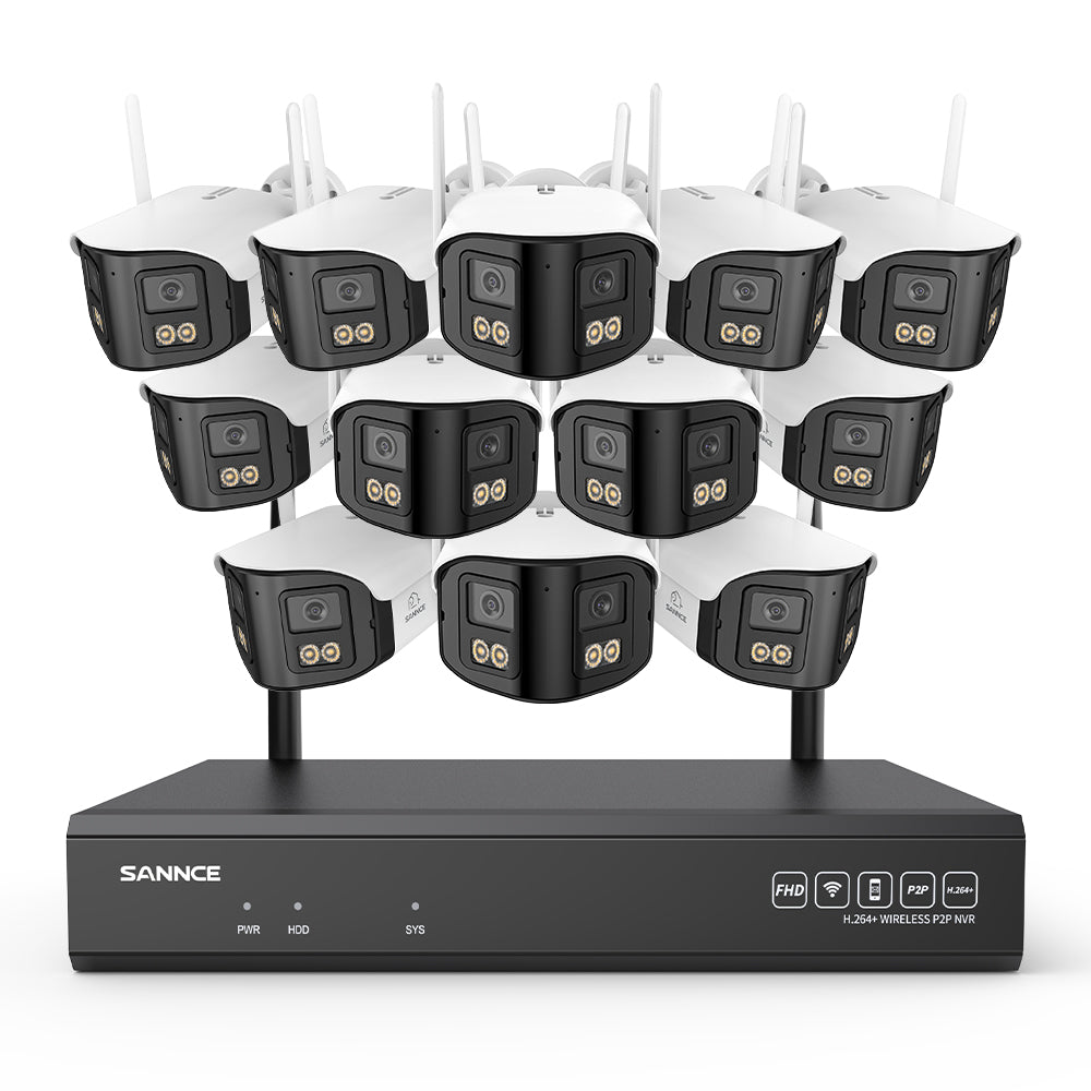 4MP 16-Kanal WLAN Überwachungssystem mit 8MP NVR, 12 Dual-Objektiv Kameras, 170° Weitwinkel, Farb-Nachtsicht, KI-Erkennung, Kompatibel mit Alexa