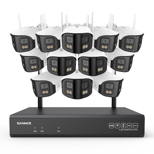 4MP 16-Kanal WLAN Überwachungssystem mit 8MP NVR, 12 Dual-Objektiv Kameras, 170° Weitwinkel, Farb-Nachtsicht, KI-Erkennung, Kompatibel mit Alexa