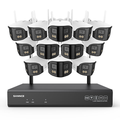 4MP 16-Kanal WLAN Überwachungssystem mit 8MP NVR, 12 Dual-Objektiv Kameras, 170° Weitwinkel, Farb-Nachtsicht, KI-Erkennung, Kompatibel mit Alexa