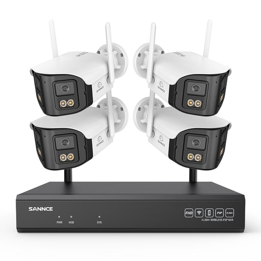 4MP 16-Kanal WLAN Überwachungssystem mit 8MP NVR, 4 Dual-Objektiv Kameras, 170° Weitwinkel, Farb-Nachtsicht, KI-Erkennung, Kompatibel mit Alexa
