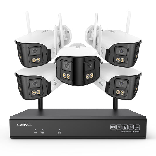 4MP 16-Kanal WLAN Überwachungssystem mit 8MP NVR, 5 Dual-Objektiv Kameras, 170° Weitwinkel, Farb-Nachtsicht, KI-Erkennung, Kompatibel mit Alexa