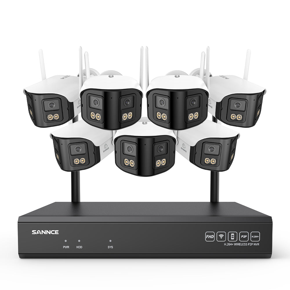 4MP 16-Kanal WLAN Überwachungssystem mit 8MP NVR, 7 Dual-Objektiv Kameras, 170° Weitwinkel, Farb-Nachtsicht, KI-Erkennung, Kompatibel mit Alexa