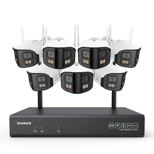 4MP 16-Kanal WLAN Überwachungssystem mit 8MP NVR, 7 Dual-Objektiv Kameras, 170° Weitwinkel, Farb-Nachtsicht, KI-Erkennung, Kompatibel mit Alexa