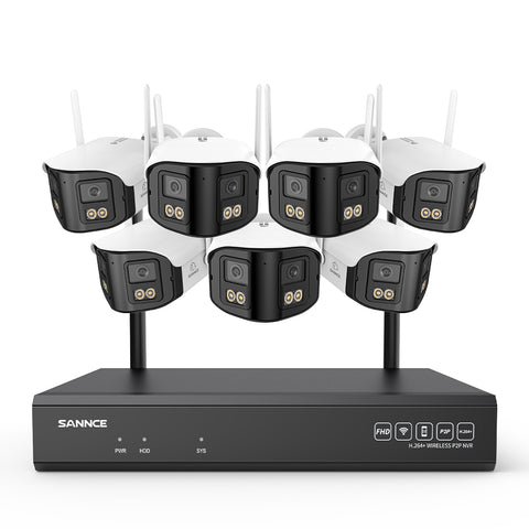 4MP 16-Kanal WLAN Überwachungssystem mit 8MP NVR, 7 Dual-Objektiv Kameras, 170° Weitwinkel, Farb-Nachtsicht, KI-Erkennung, Kompatibel mit Alexa
