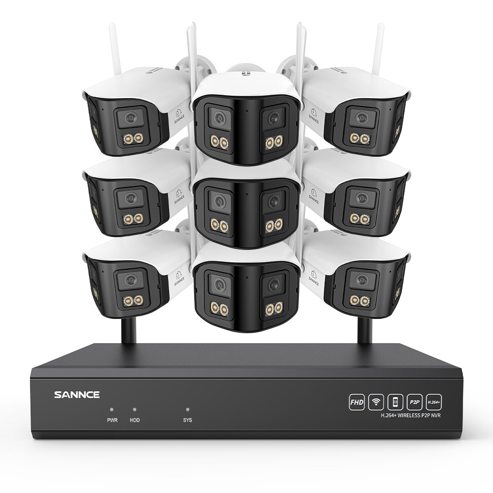 4MP 16-Kanal WLAN Überwachungssystem mit 8MP NVR, 9 Dual-Objektiv Kameras, 170° Weitwinkel, Farb-Nachtsicht, KI-Erkennung, Kompatibel mit Alexa