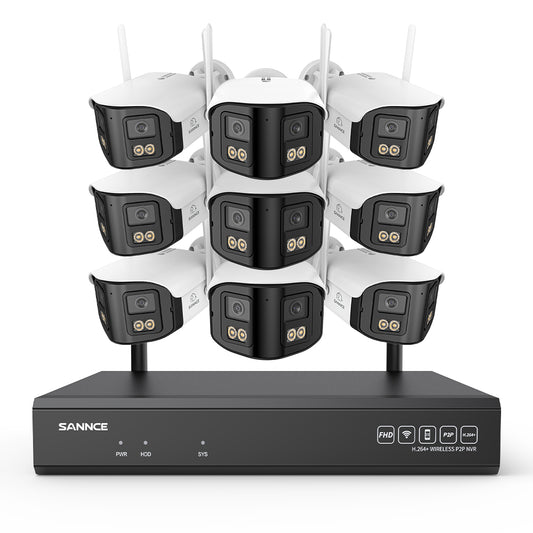 4MP 16-Kanal WLAN Überwachungssystem mit 8MP NVR, 9 Dual-Objektiv Kameras, 170° Weitwinkel, Farb-Nachtsicht, KI-Erkennung, Kompatibel mit Alexa