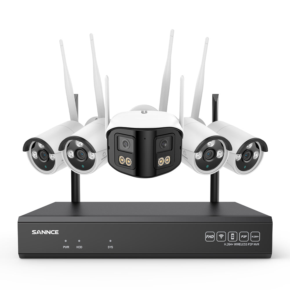 5MP 16-Kanal WLAN-Überwachungssystem mit 8MP NVR, KI-Personenerkennung, Alexa (1×4MP Dual-Objektiv + 4×3MP Kameras)