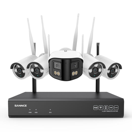 5MP 16-Kanal WLAN-Überwachungssystem mit 8MP NVR, KI-Personenerkennung, Alexa (1×4MP Dual-Objektiv + 4×3MP Kameras)