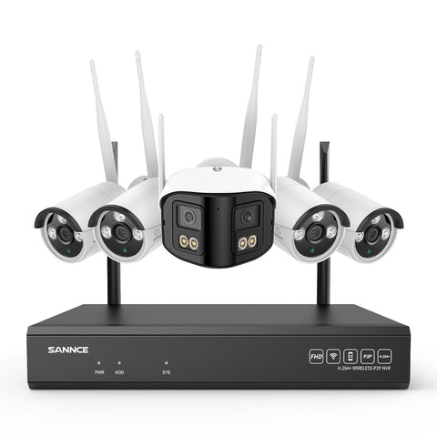 5MP 16-Kanal WLAN-Überwachungssystem mit 8MP NVR, KI-Personenerkennung, Alexa (1×4MP Dual-Objektiv + 4×3MP Kameras)