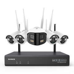 5MP 16-Kanal WLAN-Überwachungssystem mit 8MP NVR, KI-Personenerkennung, Alexa (1×4MP Dual-Objektiv + 4×3MP Kameras)