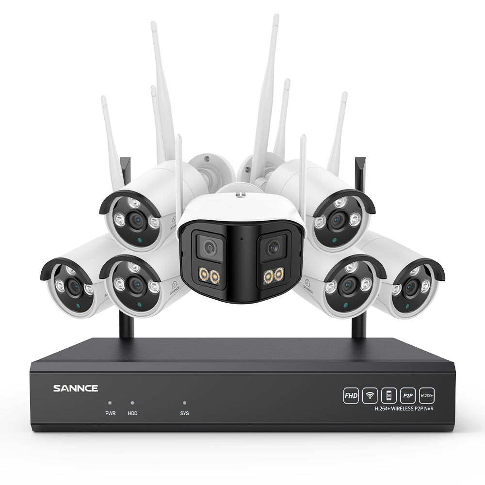 5MP 16-Kanal WLAN-Überwachungssystem mit 8MP NVR, KI-Personenerkennung, Alexa (1×4MP Dual-Objektiv + 6×3MP Kameras)