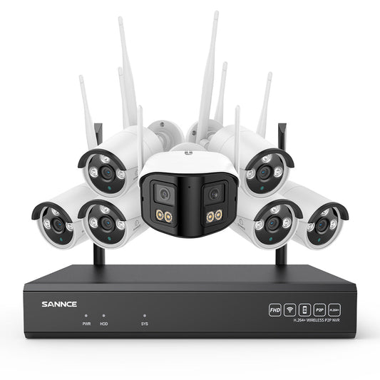 5MP 16-Kanal WLAN-Überwachungssystem mit 8MP NVR, KI-Personenerkennung, Alexa (1×4MP Dual-Objektiv + 6×3MP Kameras)