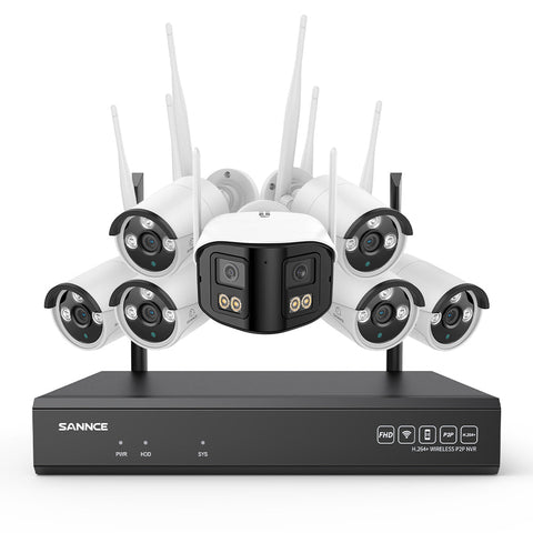 5MP 16-Kanal WLAN-Überwachungssystem mit 8MP NVR, KI-Personenerkennung, Alexa (1×4MP Dual-Objektiv + 6×3MP Kameras)