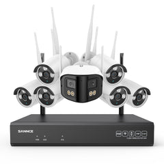 5MP 16-Kanal WLAN-Überwachungssystem mit 8MP NVR, KI-Personenerkennung, Alexa (1×4MP Dual-Objektiv + 6×3MP Kameras)