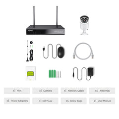 WLAN 3MP 10CH Überwachungskamera Set für Außen,  Audioaufnahme, IP66 Wasserdicht, KI-Personenerkennung, Alexa Unterstützung (4x3MP IP Bullet-Kamera und 8MP 10CH NVR)
