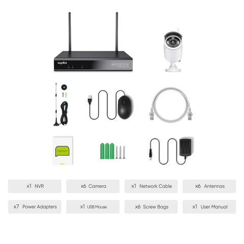 WLAN 3MP 10CH Überwachungskamera Set für Außen,  Audioaufnahme, IP66 Wasserdicht, KI-Personenerkennung, Alexa Unterstützung (6x3MP IP Bullet-Kamera und 5MP 10CH NVR)