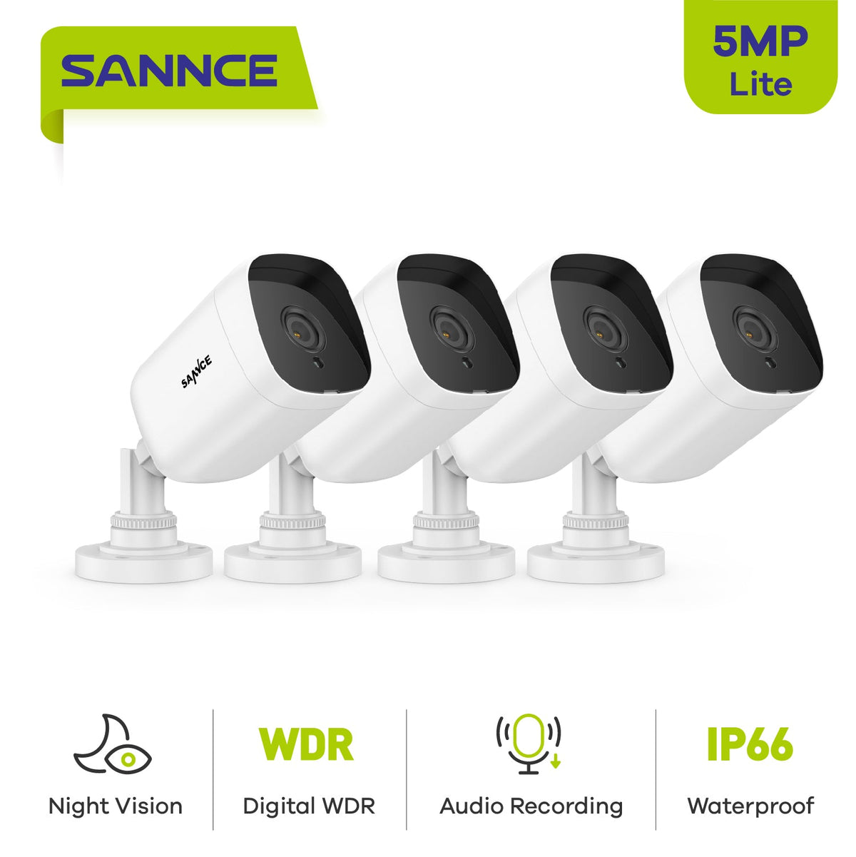 4 Stück 5MP Full HD Bullet Überwachungskamera Set, kabelgebunden, Rund-um-die-Uhr-Überwachung, 100ft Nachtsicht, IP66 Wasserdicht, Weiß