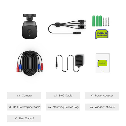 zertifiziert überholt 4 Stück 5MP Full HD Bullet Überwachungskamera Set, kabelgebunden, Rund-um-die-Uhr-Überwachung, 100ft Nachtsicht, IP66 Wasserdicht, Schwarz