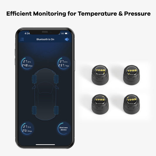 Reifendrucküberwachungssystem, Bluetooth 5.0, 5 Alarmmodi, 4 externe TPMS-Sensoren, Unterstützung für iOS und Android, Echtzeit-Erkennung von Druck und Temperatur, einfach zu installieren