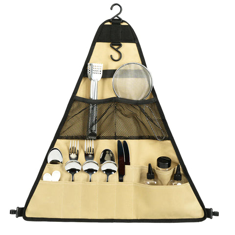 Dreieckiger Organizer für Campingutensilien, Aufbewahrungstasche für Outdoor-Geschirr mit Haken, Picknick-Bestecktasche mit mehreren Fächern zum Grillen, Braten und Kochen