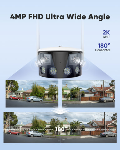 5MP 8 Kanal POE Überwachungskamera Set, 1x Dual-Lens Außen Panorama Kamera und 4x5MP POE Kamera (Zwei-Wege-Audio, Farbnachtsicht, Plug & Play)