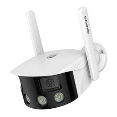 Zertifiziert aufgearbeitet WLAN Außen Panorama Kamera, 2K 4MP Duales Objektiv, Farbnachtsicht, 180° Weitwinkel, Intelligente Personen-/Fahrzeugerkennung, IP66 Wasserdicht, Zwei-Wege-Audio, Alexa/Google Unterstützung