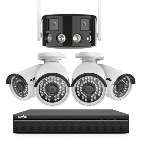 5MP 8 Kanal POE Überwachungskamera Set, 1x Dual-Lens Außen Panorama Kamera und 4x5MP POE Kamera (Zwei-Wege-Audio, Farbnachtsicht, Plug & Play)