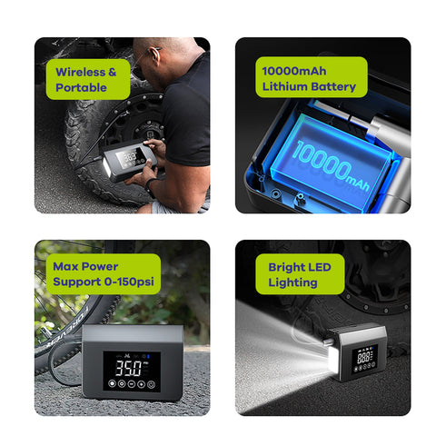 Tragbares, professionelles 150-PSI-Reifenfüllgerät, Luftkompressor-Kraftwerk mit Starthilfe, USB-Ladegerät, für SUV-, Auto-, Fahrrad- und Motorradreifen, Luftballons und andere aufblasbare Haushaltsgegenstände, digitales Manometer, LED-Notlicht