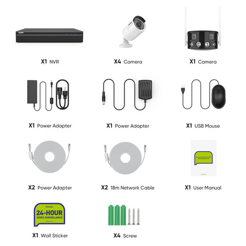 5MP 8 Kanal POE Überwachungskamera Set, Farbnachtsicht, Plug und Play, Personenerkennung, Zwei-Wege-Audio, IP66 Wasserdicht (1xDual-Lens Panorama Kameram, 4x5MP POE Kamera und 8MP 8CH NVR)