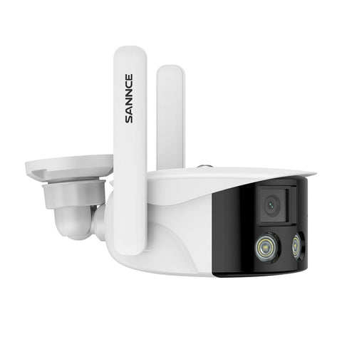 WLAN Außen Panorama Kamera, 2K 4MP Dual-Lens, Farbnachtsicht, 180° Weitwinkel, Intelligente Personen-/Fahrzeugerkennung, IP66 Wasserdicht, Zwei-Wege-Audio, Alexa/Google Unterstützung