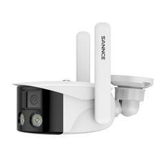 Zertifiziert aufgearbeitet WLAN Außen Panorama Kamera, 2K 4MP Duales Objektiv, Farbnachtsicht, 180° Weitwinkel, Intelligente Personen-/Fahrzeugerkennung, IP66 Wasserdicht, Zwei-Wege-Audio, Alexa/Google Unterstützung