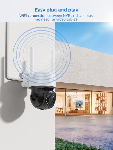 3MP 10CH WLAN PTZ & Bullet Überwachungskamera Set, 350°/90° PTZ Schwenkbar, Kabellose Repeater, 2-Wege-Audio, KI-Personenerkennung, Kompatibel mit Alexa (2xPTZ Kamera, 6xBullet Kamera und 8MP 10CH NVR)