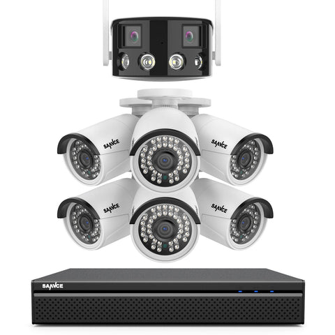 5MP 8 Kanal POE Überwachungskamera Set, 1x Dual-Lens Außen Panorama Kamera und 6x5MP POE Kamera (Zwei-Wege-Audio, Farbnachtsicht, Plug & Play)