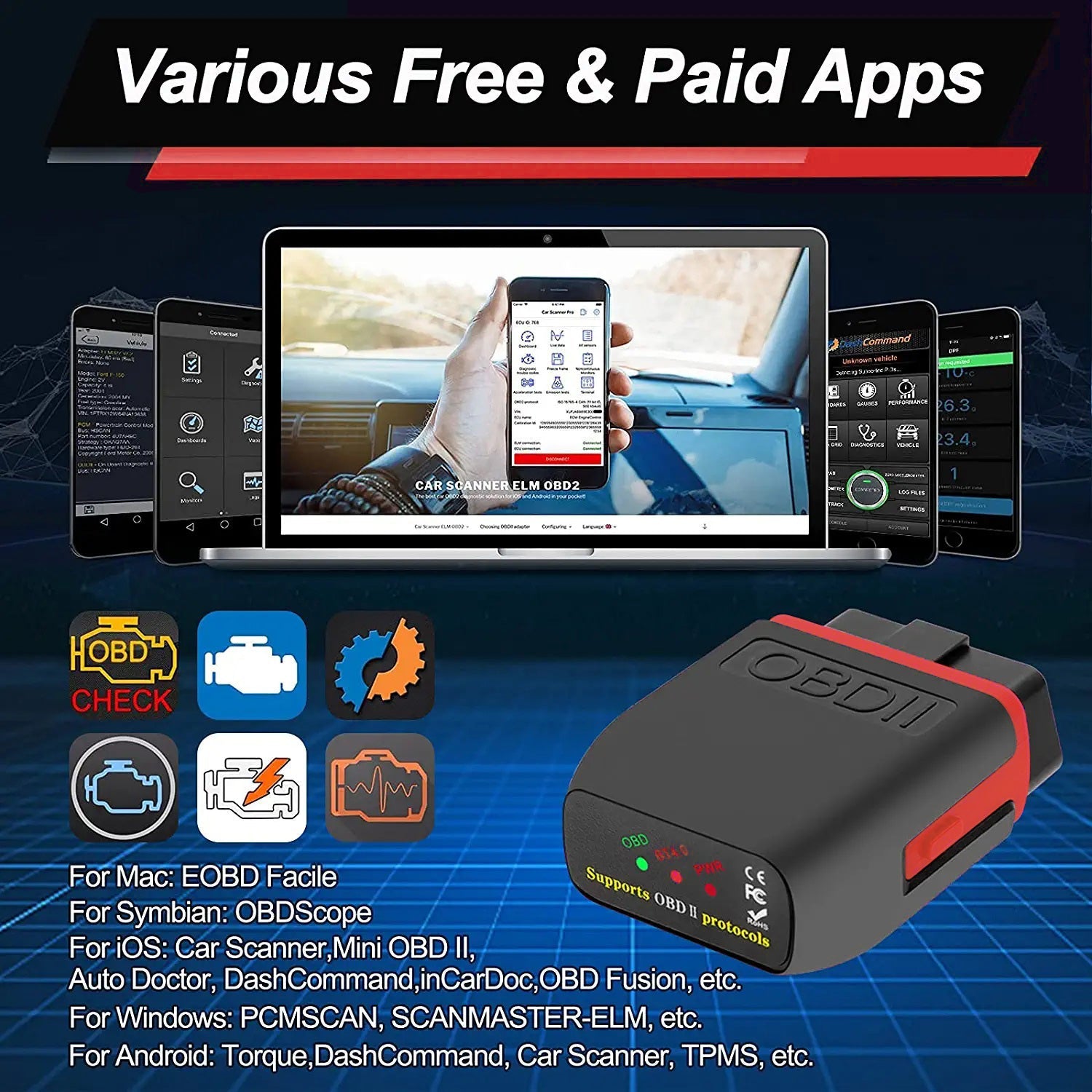 OBD2 Bluetooth 4.0 Diagnosegerät Auto Automotive Motor Fehlercode-Lesegerät  Für Android/IOS-System, kompatibel mit App Torque for iPhone, Android, and
