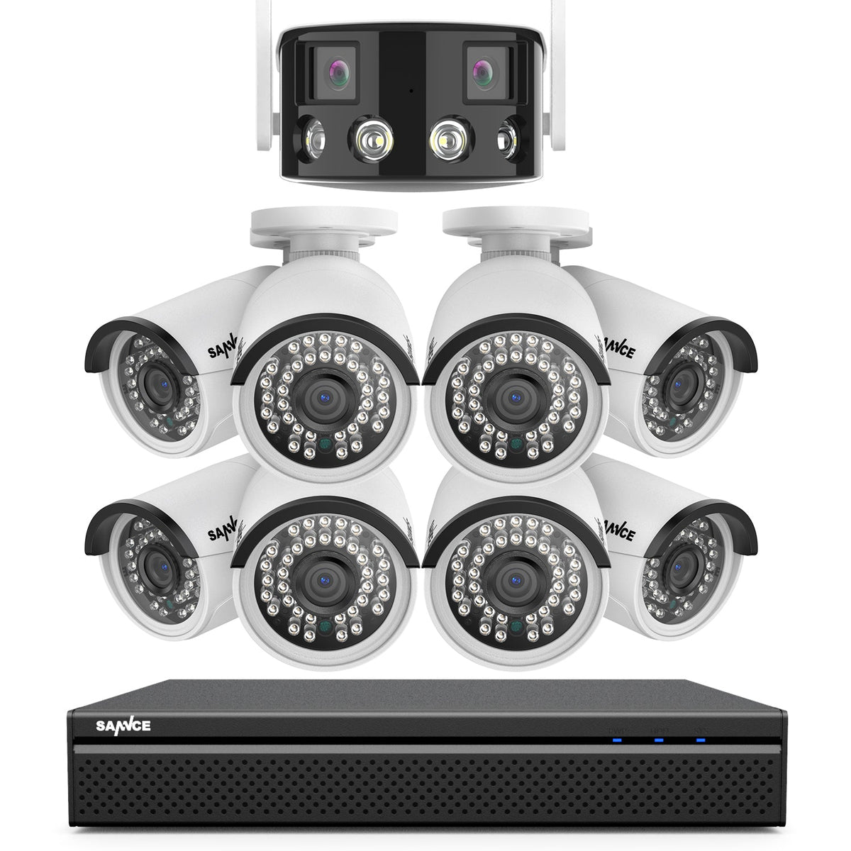 5MP 8 Kanal POE Überwachungskamera Set, Farbnachtsicht, Plug und Play, Personenerkennung, Zwei-Wege-Audio, IP66 Wasserdicht (1xDual-Lens Panorama Kameram, 8x5MP POE Kamera und 8MP 8CH NVR)