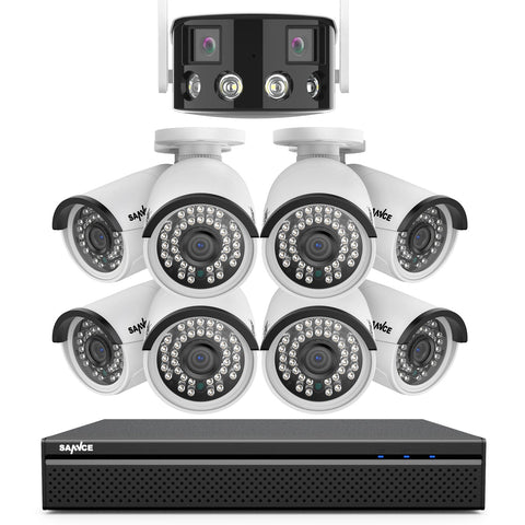 5MP 8 Kanal POE Überwachungskamera Set, Farbnachtsicht, Plug und Play, Personenerkennung, Zwei-Wege-Audio, IP66 Wasserdicht (1xDual-Lens Panorama Kameram, 8x5MP POE Kamera und 8MP 8CH NVR)