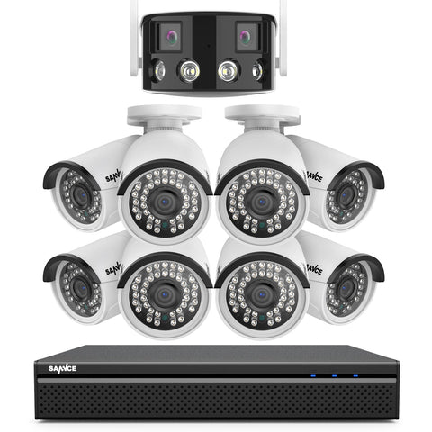 5MP 8 Kanal POE Überwachungskamera Set, 1x Dual-Lens Außen Panorama Kamera und 8x5MP POE Kamera (Zwei-Wege-Audio, Farbnachtsicht, Plug & Play)