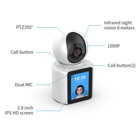 1080p IP Kamera, 2,8" Bildschirm, 360° Blickwinkel, 2-Wege-Audio, Nachtsicht, Bewegungserkennung, Cloud & SD Speicher. Perfekt Für Babys, Kinder, Ältere Und Haustiere. Sichern Sie Ihr Zuhause