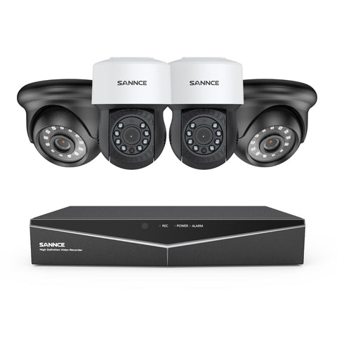 1080p 8CH PT Überwachungskamera System, 2 Stück 2MP Turret Kamera Schwarz & 2xPT Kamera & Hybrid 5-in-1 DVR, 100ft Nachtsicht, Bewegungserkennung, IP66 Wasserdicht