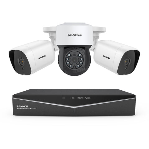 1080p 8CH PT Überwachungskamera System, 2 Stück 2MP Bullet Kamera Weiß & PT Kamera & Hybrid 5-in-1 DVR, 100ft Nachtsicht, Bewegungserkennung, IP66 Wasserdicht