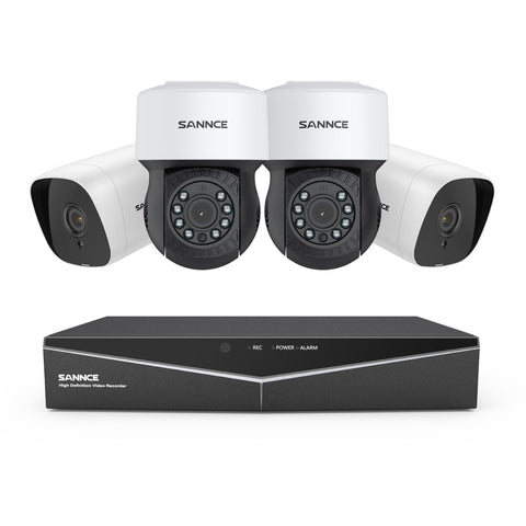 1080p 8CH PT Überwachungskamera System, 2 Stück 2MP Bullet Kamera Weiß & 2xPT Kamera & Hybrid 5-in-1 DVR, 100ft Nachtsicht, Bewegungserkennung, IP66 Wasserdicht