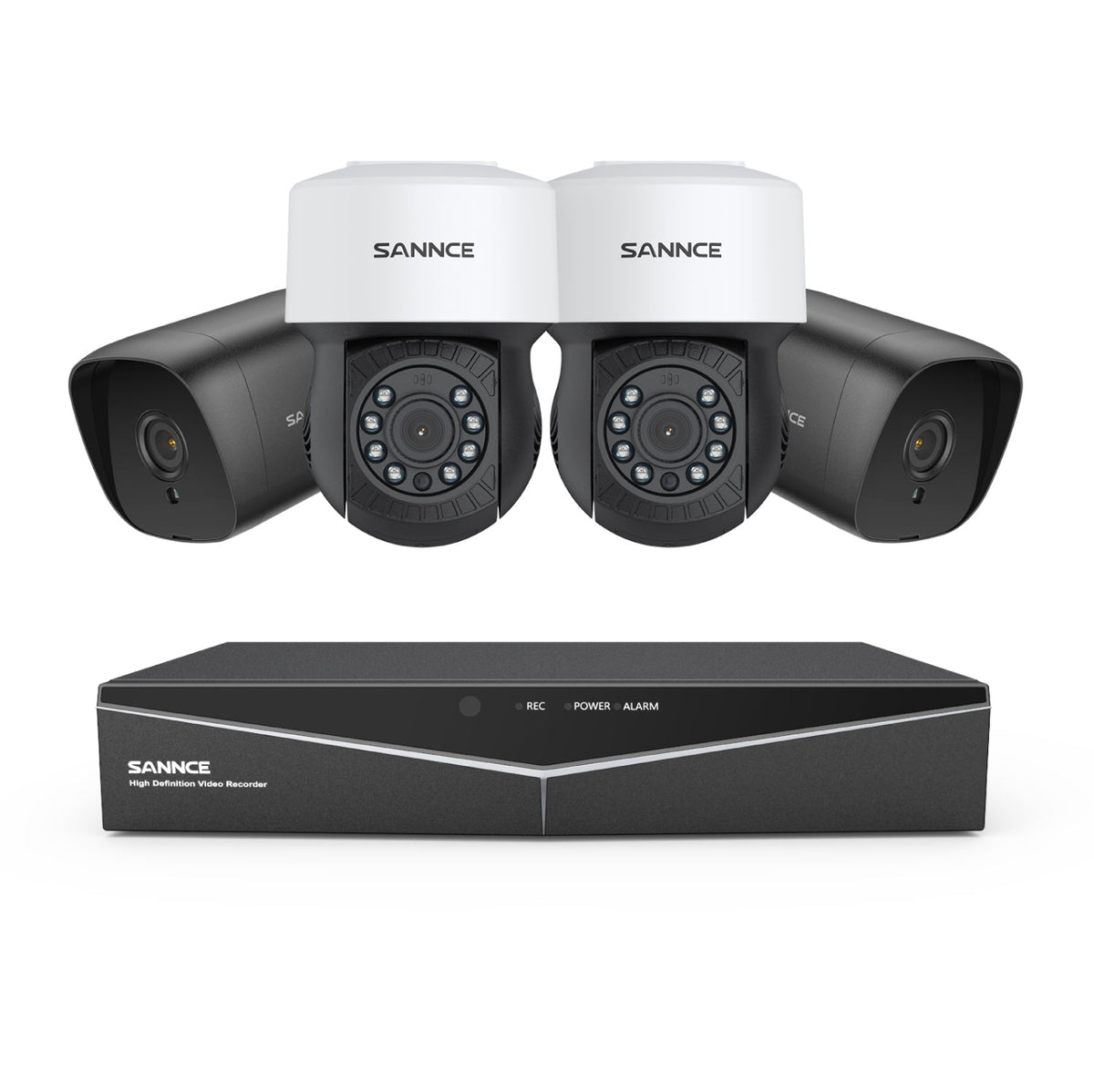 1080p 8CH PT Überwachungskamera System, 2 Stück 2MP Bullet Kamera Schwarz & 2XPT Kamera & Hybrid 5-in-1 DVR, 100ft Nachtsicht, Bewegungserkennung, IP66 Wasserdicht