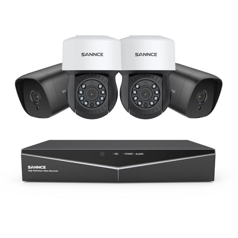 1080p 8CH PT Überwachungskamera System, 2 Stück 2MP Bullet Kamera Schwarz & 2XPT Kamera & Hybrid 5-in-1 DVR, 100ft Nachtsicht, Bewegungserkennung, IP66 Wasserdicht