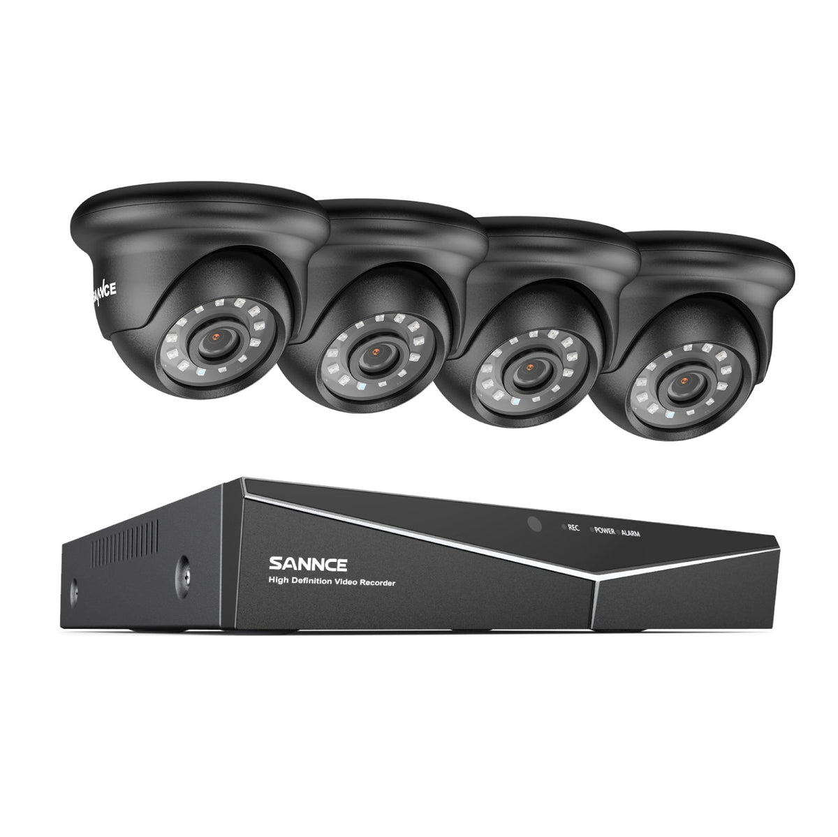 1080p 4CH kabelgebunden Überwachungskamera & DVR Set, 4 Stück 2MP Außen Turret Kamera, Intelligente Bewegungserkennung, 100 ft Infrarot Nachtsicht, IP66 Wasserdicht, Schwarz