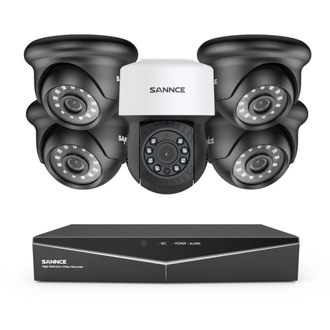 1080p 8CH PT Überwachungskamera System, 4 Stück 2MP Turret Kamera Schwarz & PT Kamera & Hybrid 5-in-1 DVR, 100ft Nachtsicht, Bewegungserkennung, IP66 Wasserdicht