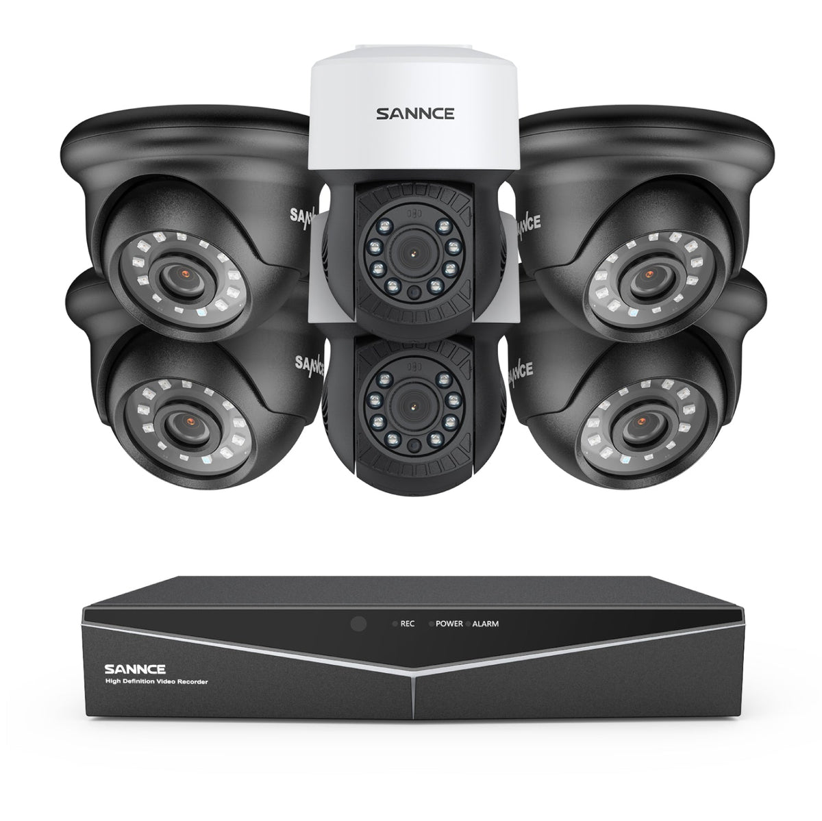 1080p 8CH PT Überwachungskamera System, 4 Stück 2MP Turret Kamera Schwarz & 2xPT Kamera & Hybrid 5-in-1 DVR, 100ft Nachtsicht, Bewegungserkennung, IP66 Wasserdicht