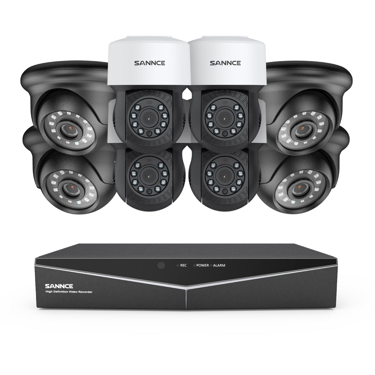 1080p 8CH PT Überwachungskamera System, 4 Stück 2MP Turret Kamera Schwarz & 4xPT Kamera & Hybrid 5-in-1 DVR, 100ft Nachtsicht, Bewegungserkennung, IP66 Wasserdicht